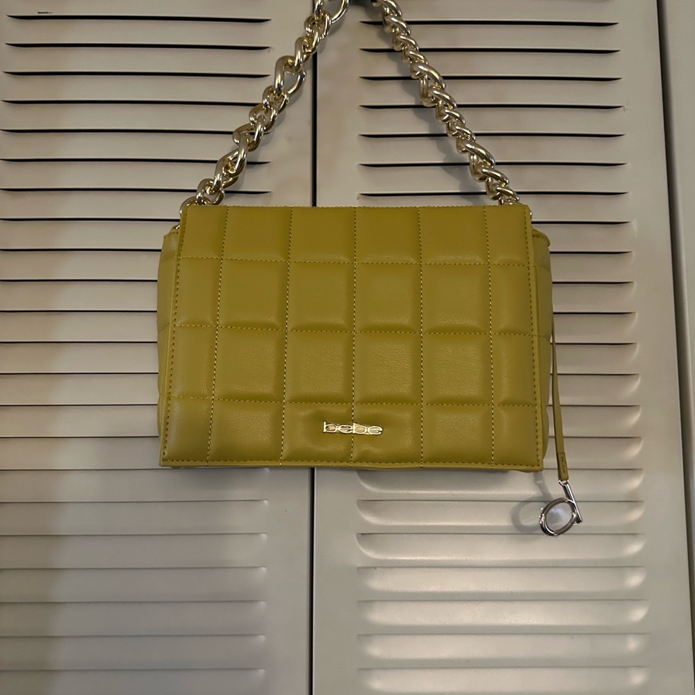 bebe Olive Quilted Shoulder Bag with Gold Chain